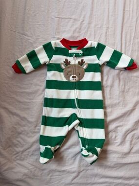 Carter's Green & White Striped Reindeer Footie with Red Trim